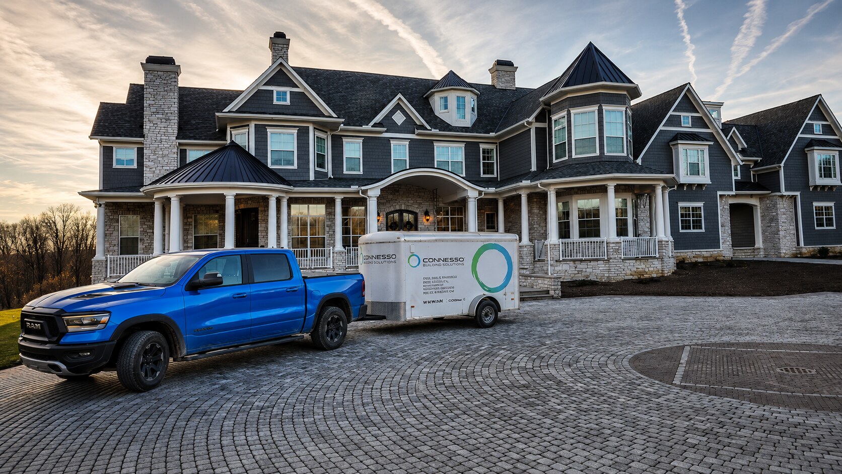 Connesso branded trailer parked at a luxury custom home