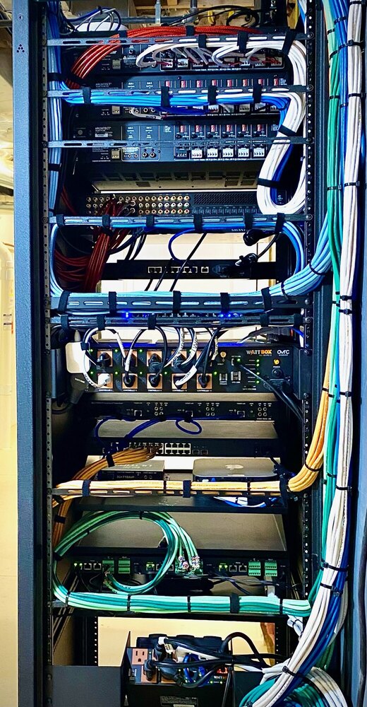 Labeled home network rack in a structured wiring closet