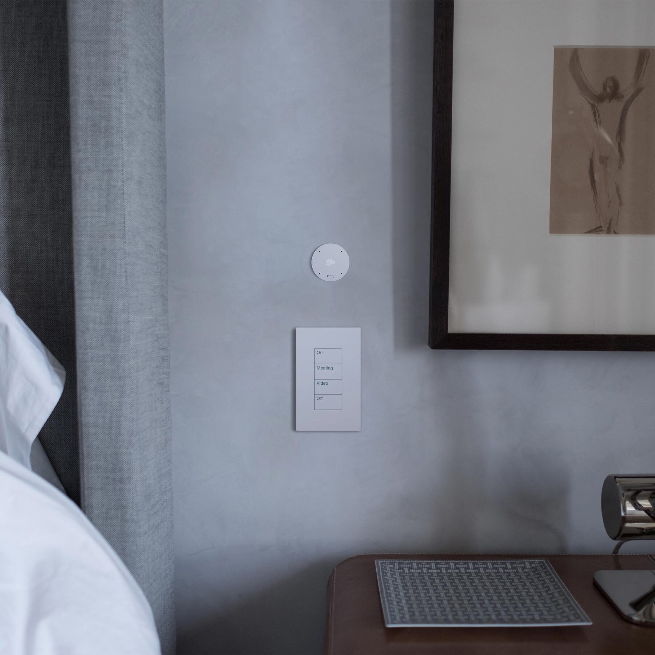 Control4 keypad and occupancy sensor mounted beside a bed for bedroom scene control