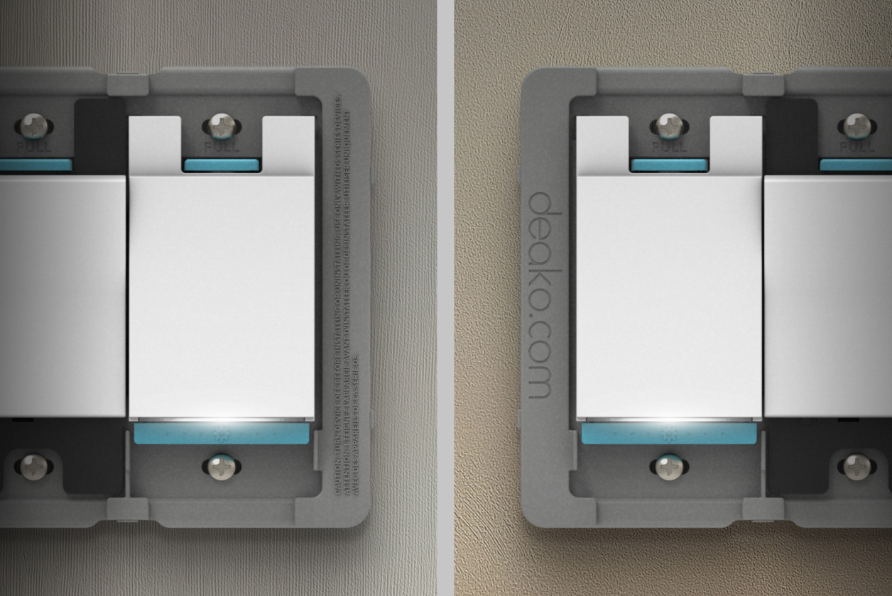 Two Deako modular smart light switches mounted in wall boxes, faces separating from their wired bases