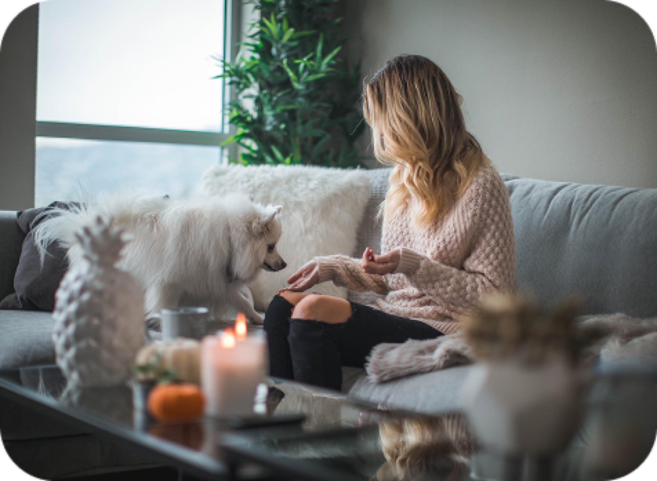 Woman relaxing with her dog by candlelight in a living room set to a Josh.ai evening scene