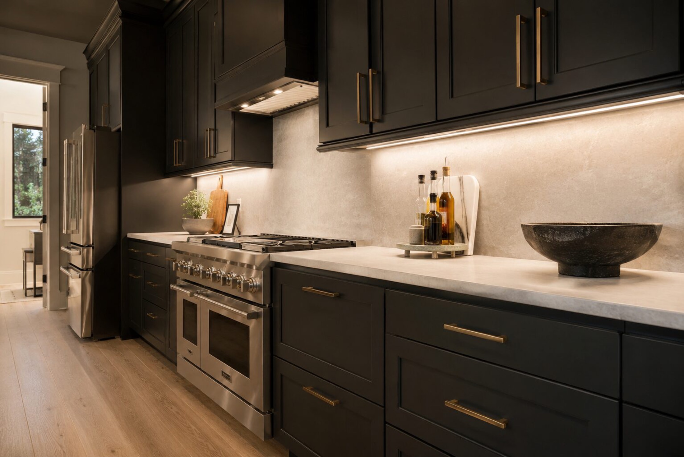 Dark navy kitchen with warm under-cabinet lighting set by Josh.ai voice control in a Columbus home