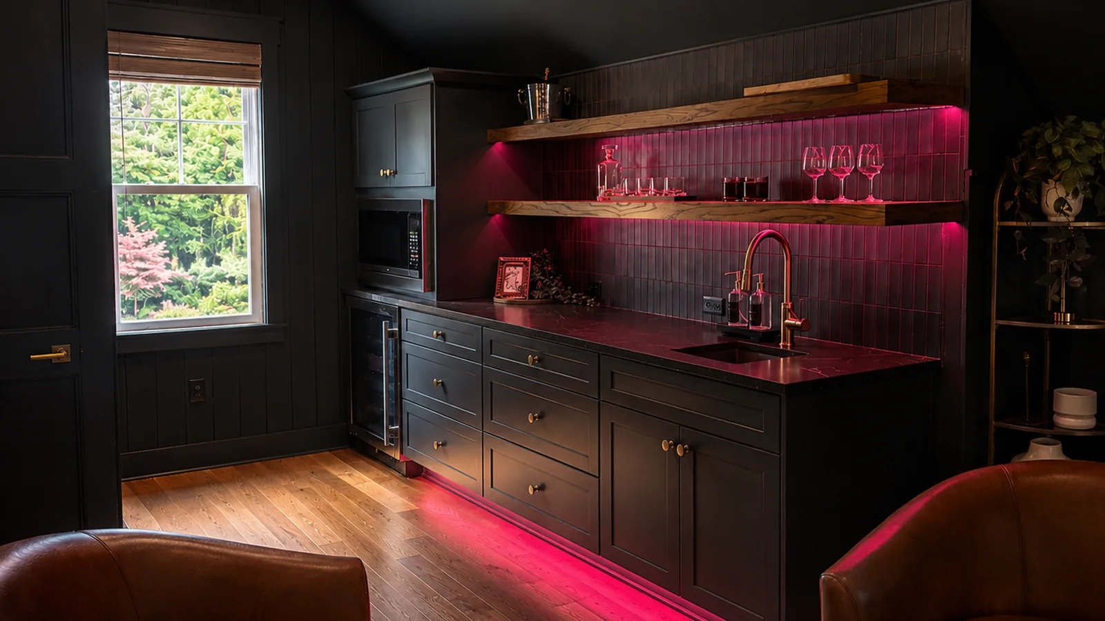 Wet bar with vivid red LED toe-kick and shelf accent lighting