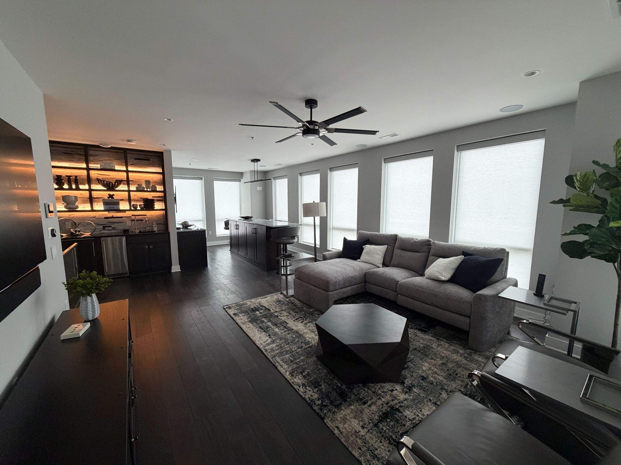 Living room with motorized Lutron shades near Raleigh, NC