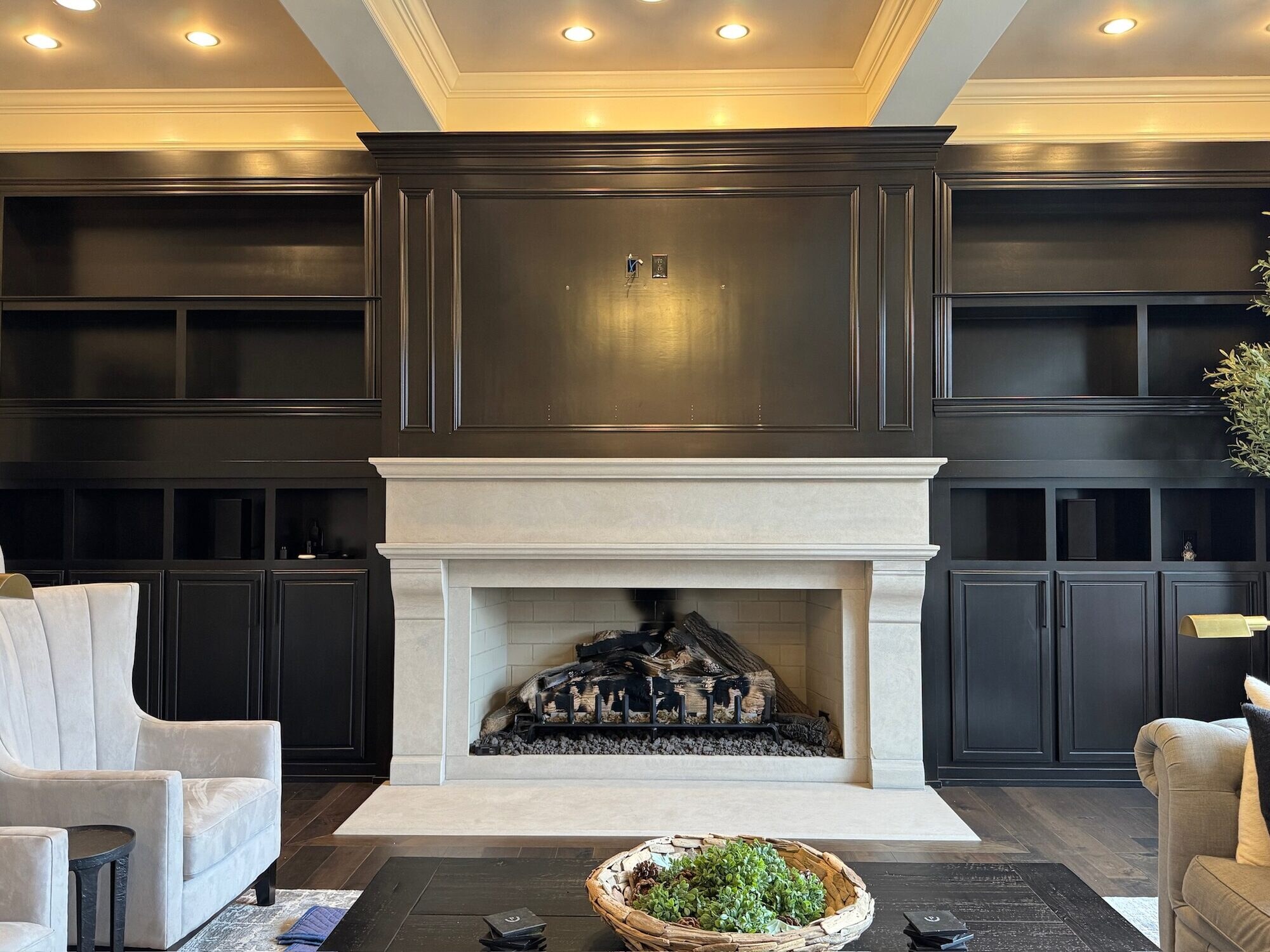 Great room with integrated lighting control and AV in a Raleigh, NC estate