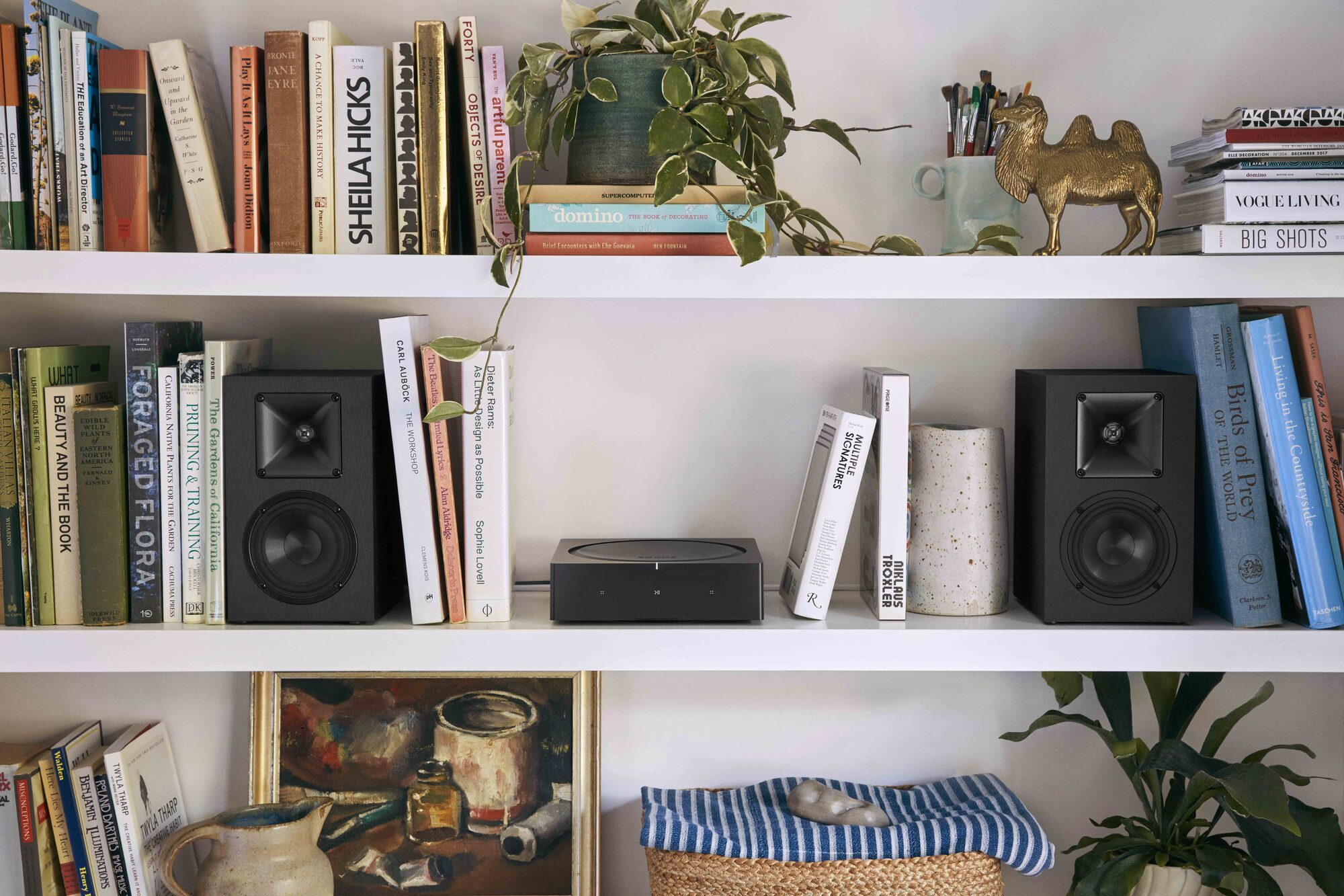 Sonos Amp driving bookshelf speakers on styled shelving for whole-home audio