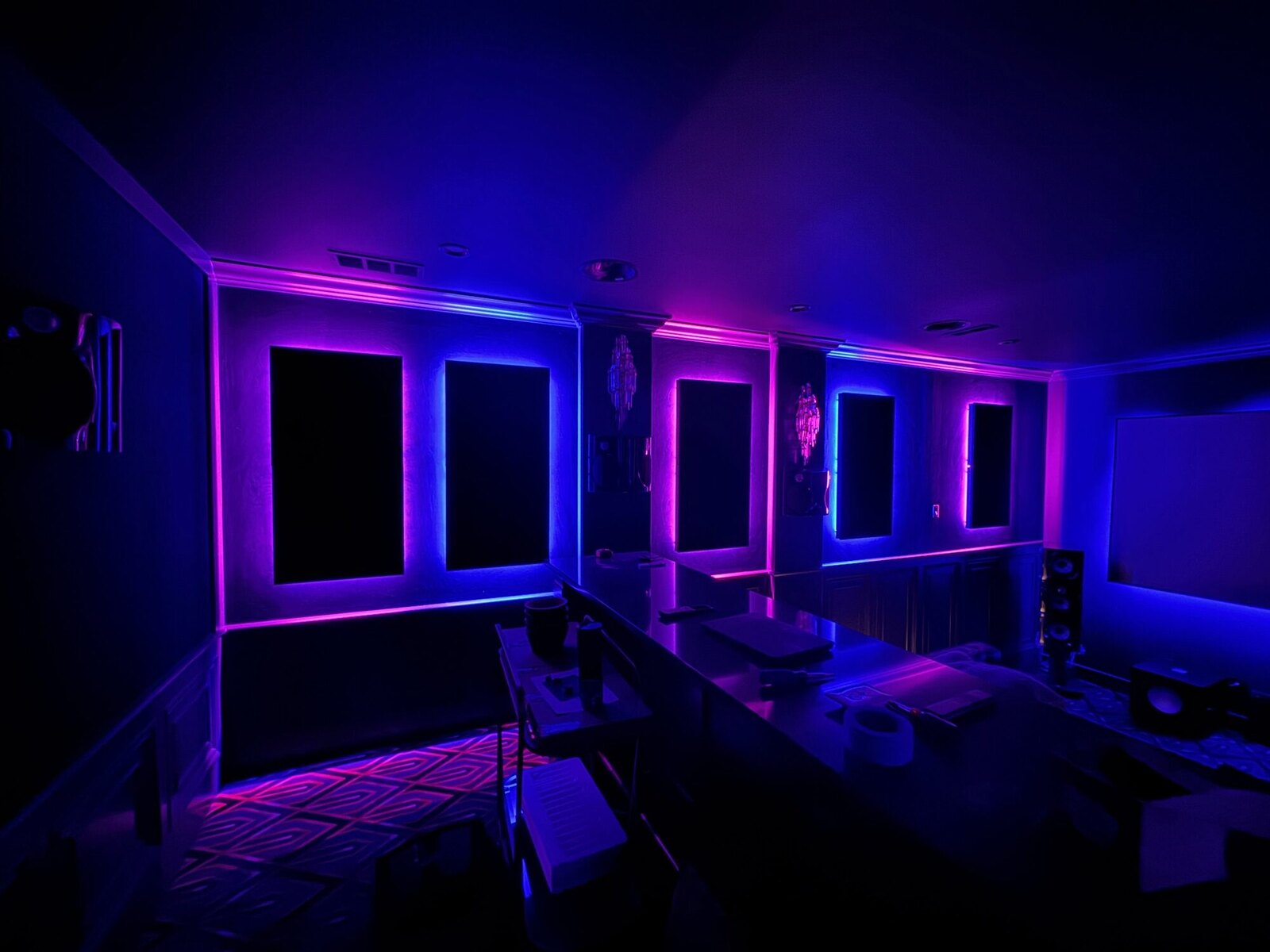 Acoustic panels backlit in RGB in a dedicated home theater, Columbus OH