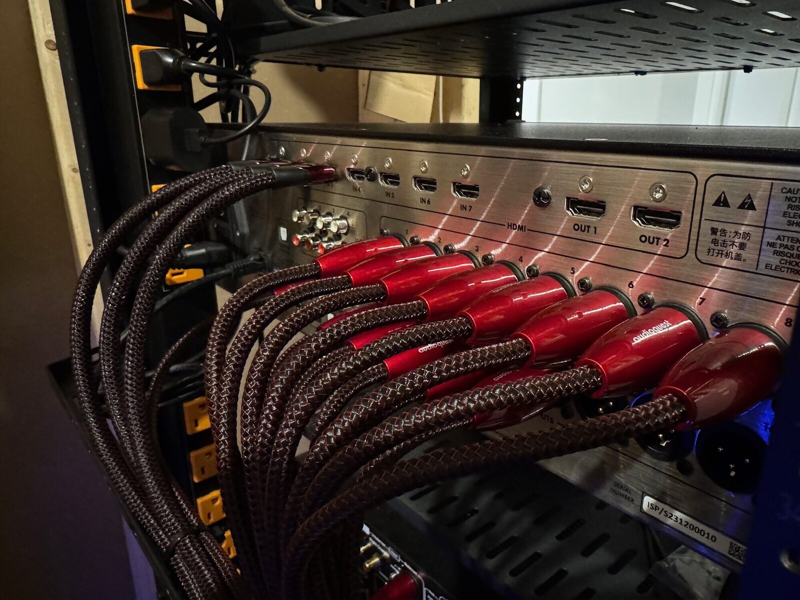 Braided HDMI cabling terminated into a rack mounted AV receiver for a home theater, Columbus OH