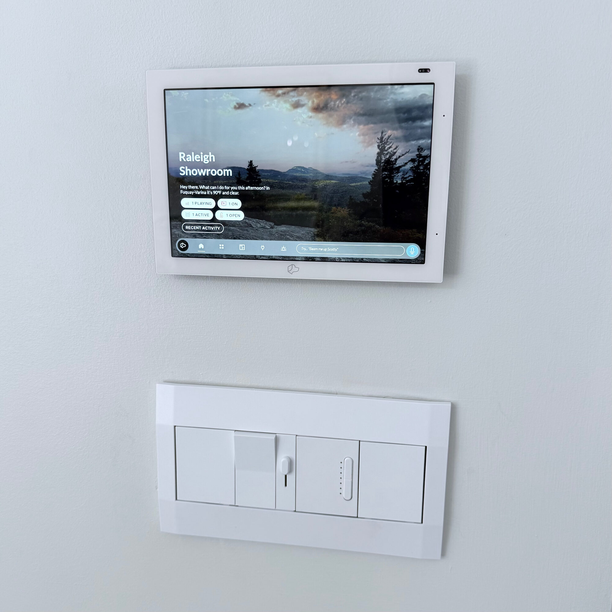Josh.ai touchscreen and Deako lighting keypad on a wall, Fuquay-Varina NC