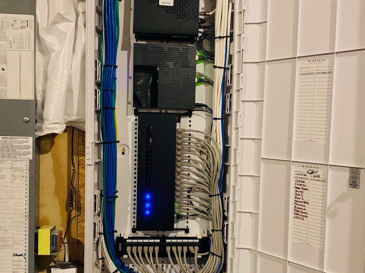 Structured wiring enclosure with a labeled patch panel and combed Cat6 cabling, Fuquay-Varina NC