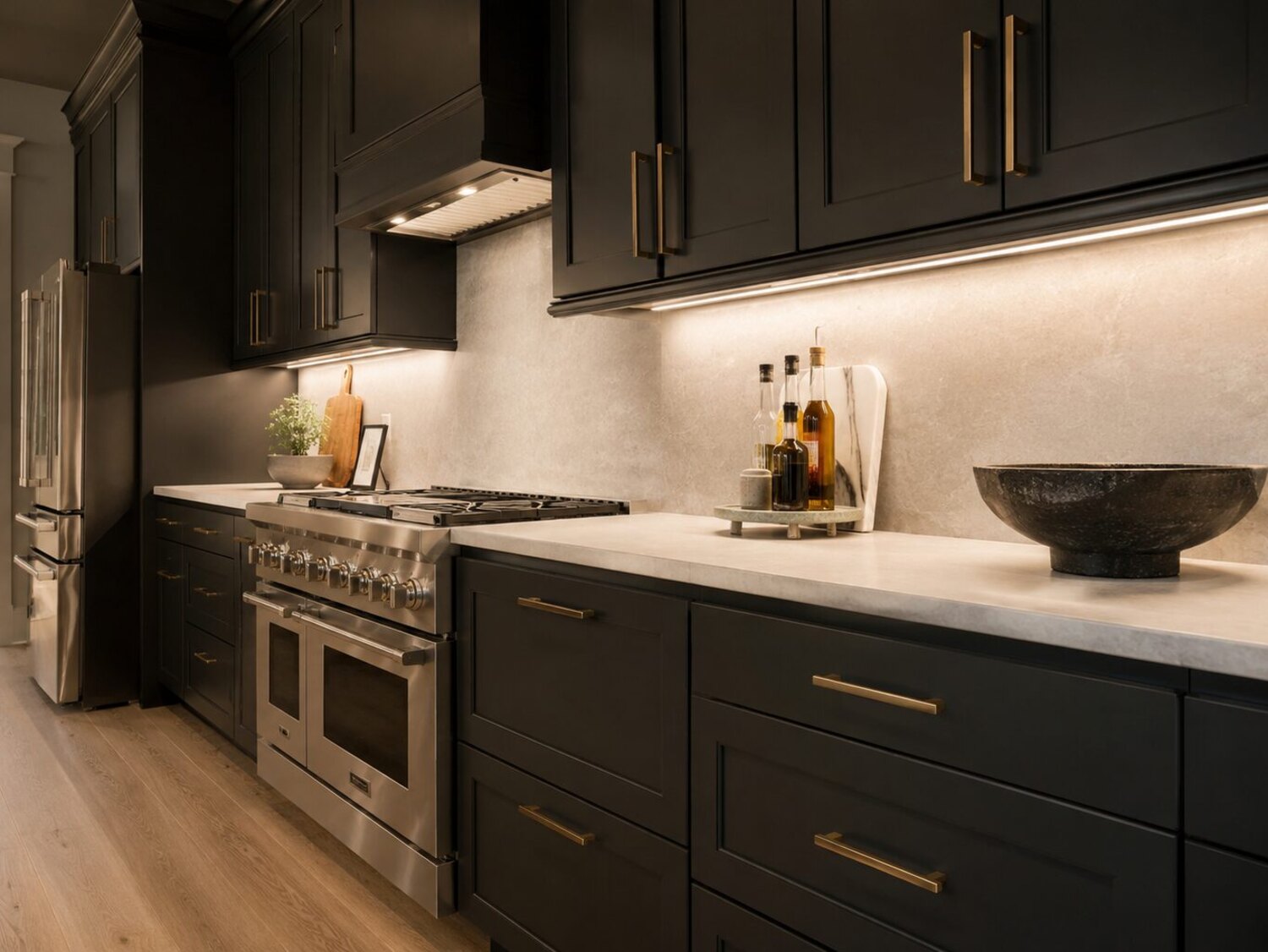 Under cabinet lighting washing the backsplash of a dark navy kitchen with brass hardware, Dublin OH